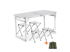 Усиленный раскладной стол + 4 стула + Чехол для пикника и туризма Белый
