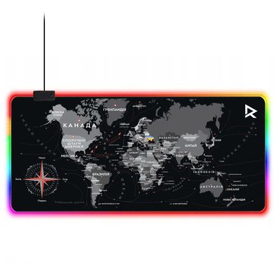 Игровая антискользящая поверхность MousePad c RGB подсветкой 12 цветов и водоотталкивающим покрытием Карта мира | World map | 400*900*4 мм на украинском языке