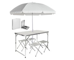 Раскладной туристический стол + 4 стула + Зонт для пикника и туризма Белый