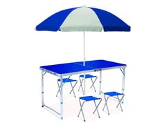 Раскладной туристический стол + 4 стула + Зонт для пикника и туризма Синий