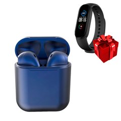 Беспроводные сенсорные наушники темно-синие i12 TWS Pods dark blue и фитнес браслет Band М5