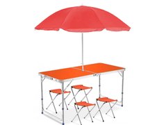 Раскладной туристический стол + 4 стула + Зонт для пикника и туризма Оранжевый